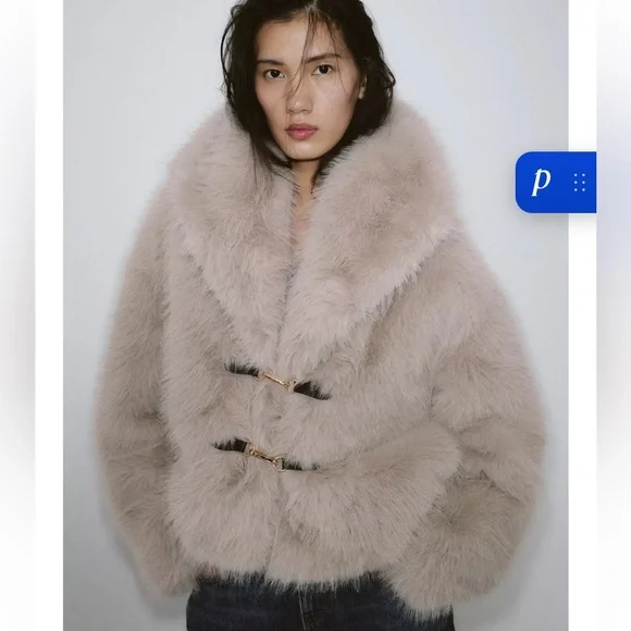 Zara Cream Teddy Jacket with Gold Clasps - Picture 1 of 2